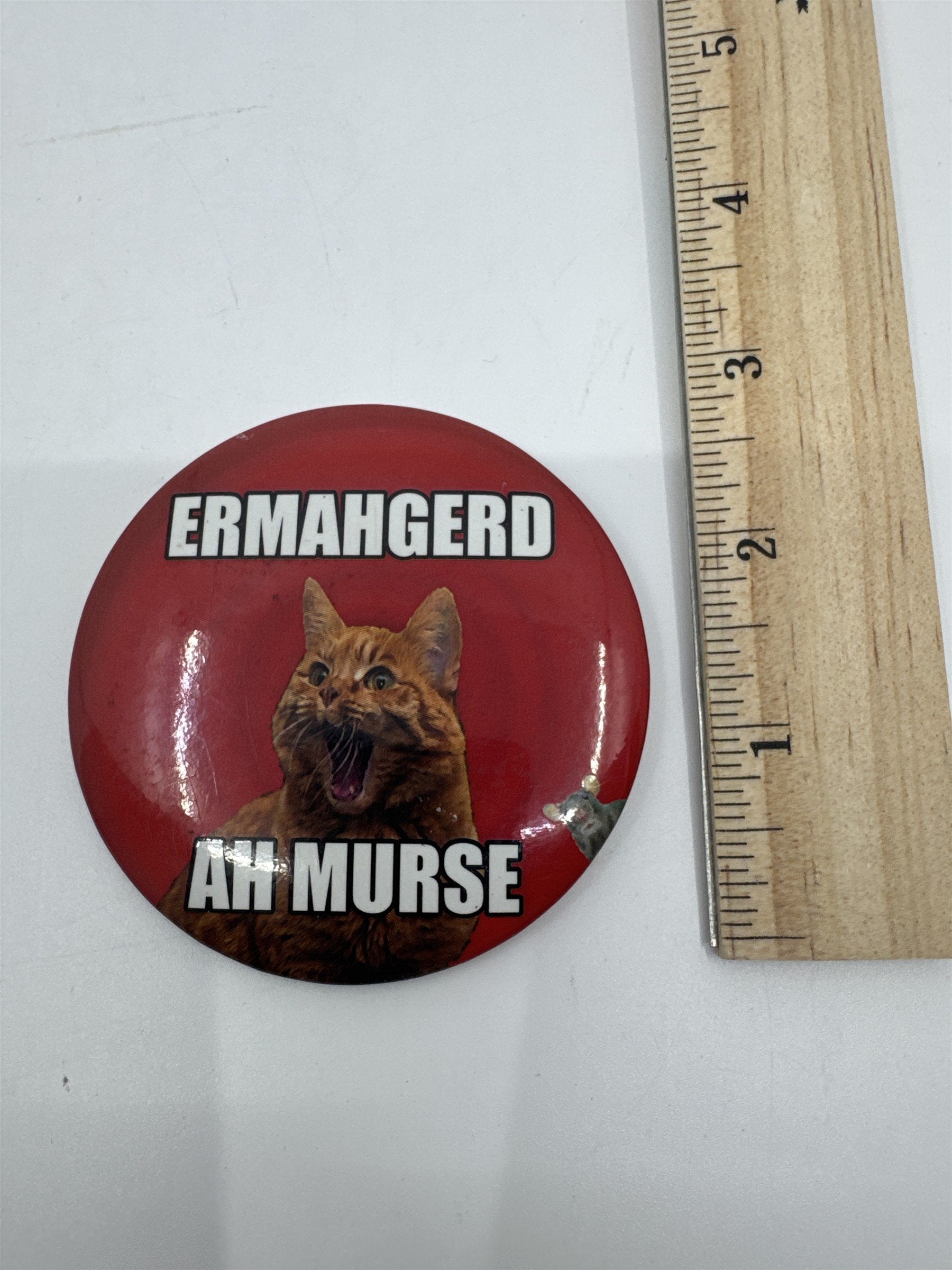 Ermahgerd Ah Murse Red Pin with Orange Cat and Small Mouse Cat Lover Gift