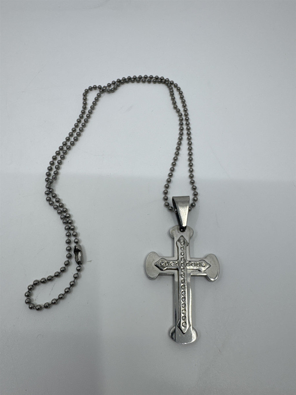 Unisex Silver Clear Rhinestone Cross Necklace W/ Ball Chain Religious Necklace