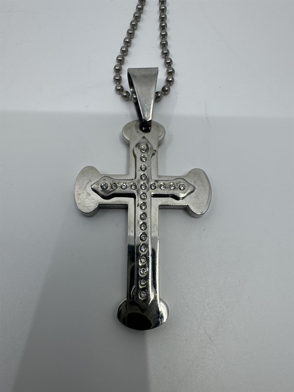 Unisex Silver Clear Rhinestone Cross Necklace W/ Ball Chain Religious Necklace