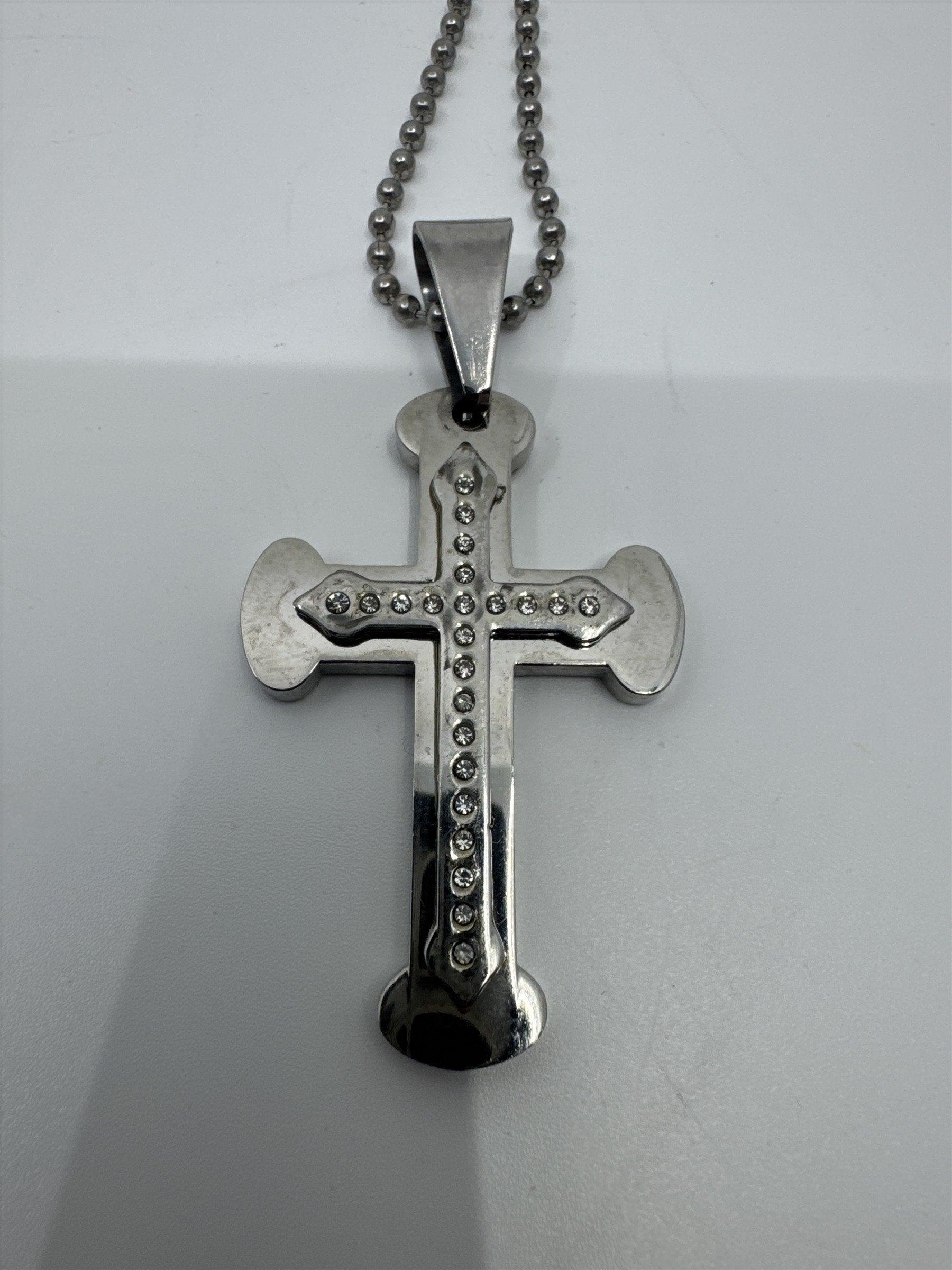 Unisex Silver Clear Rhinestone Cross Necklace W/ Ball Chain Religious Necklace
