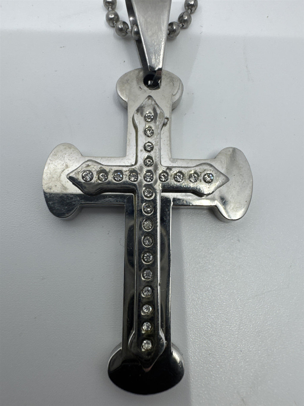 Unisex Silver Clear Rhinestone Cross Necklace W/ Ball Chain Religious Necklace