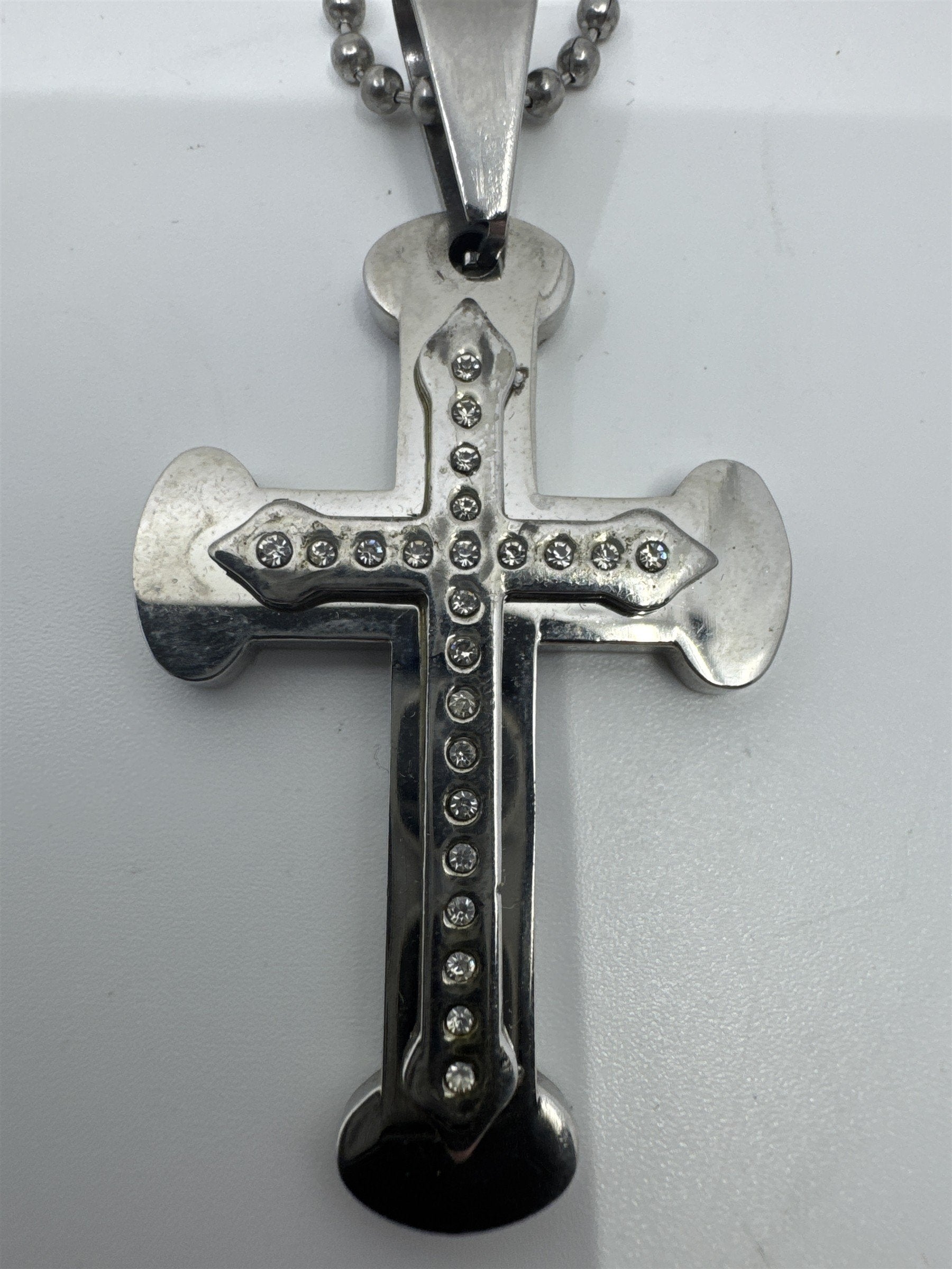 Unisex Silver Clear Rhinestone Cross Necklace W/ Ball Chain Religious Necklace