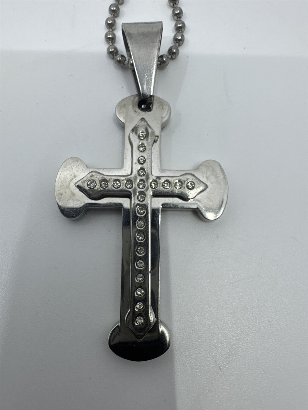 Unisex Silver Clear Rhinestone Cross Necklace W/ Ball Chain Religious Necklace