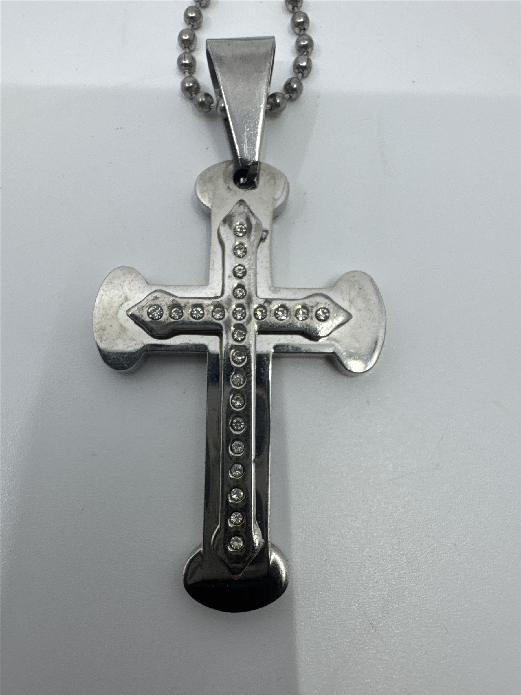 Unisex Silver Clear Rhinestone Cross Necklace W/ Ball Chain Religious Necklace