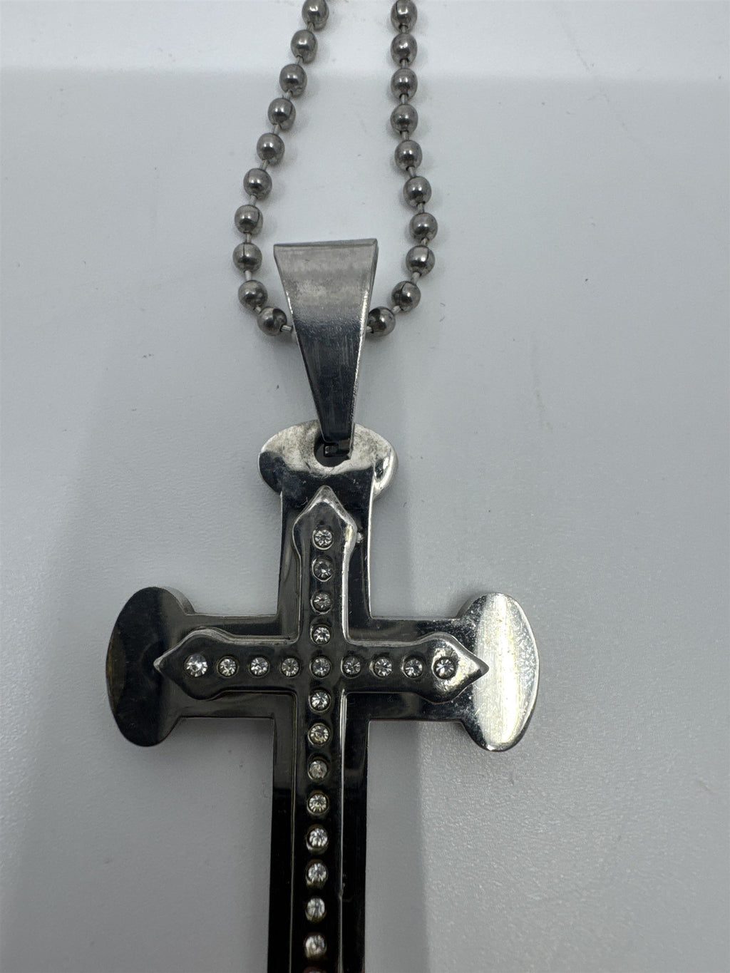 Unisex Silver Clear Rhinestone Cross Necklace W/ Ball Chain Religious Necklace
