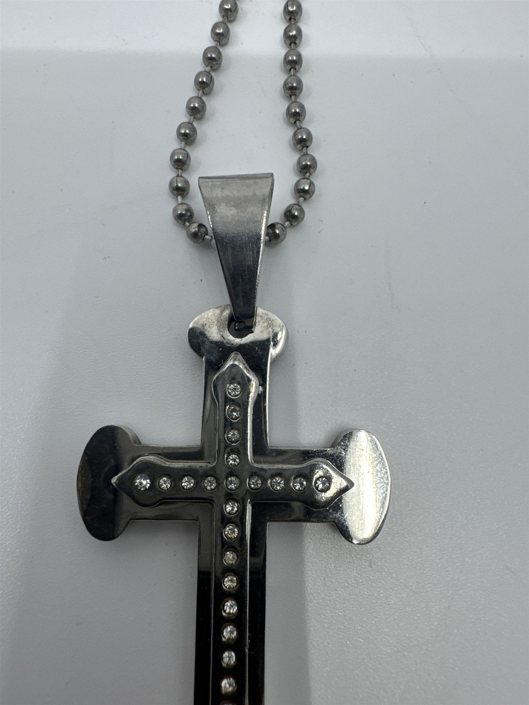 Unisex Silver Clear Rhinestone Cross Necklace W/ Ball Chain Religious Necklace