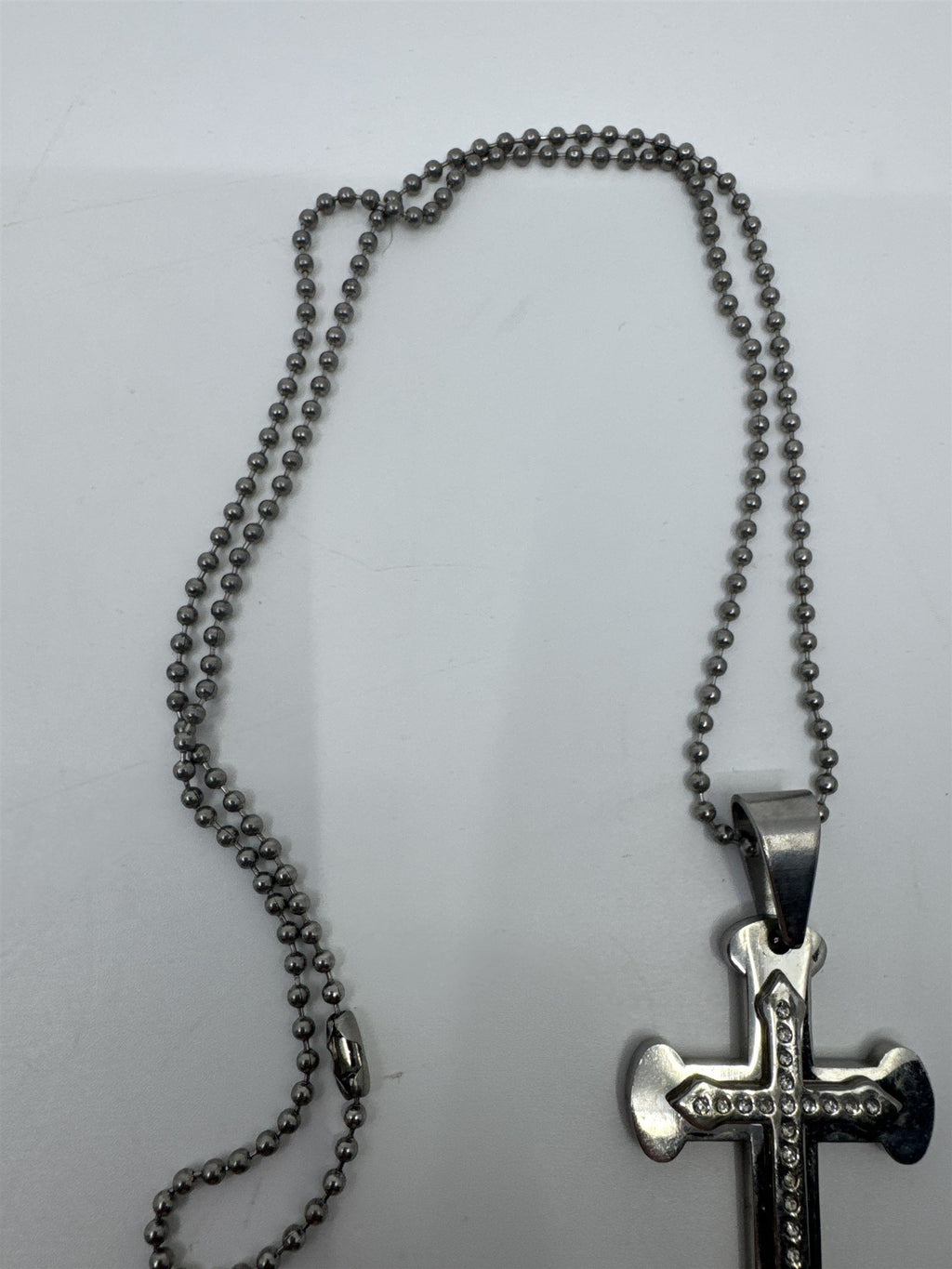 Unisex Silver Clear Rhinestone Cross Necklace W/ Ball Chain Religious Necklace