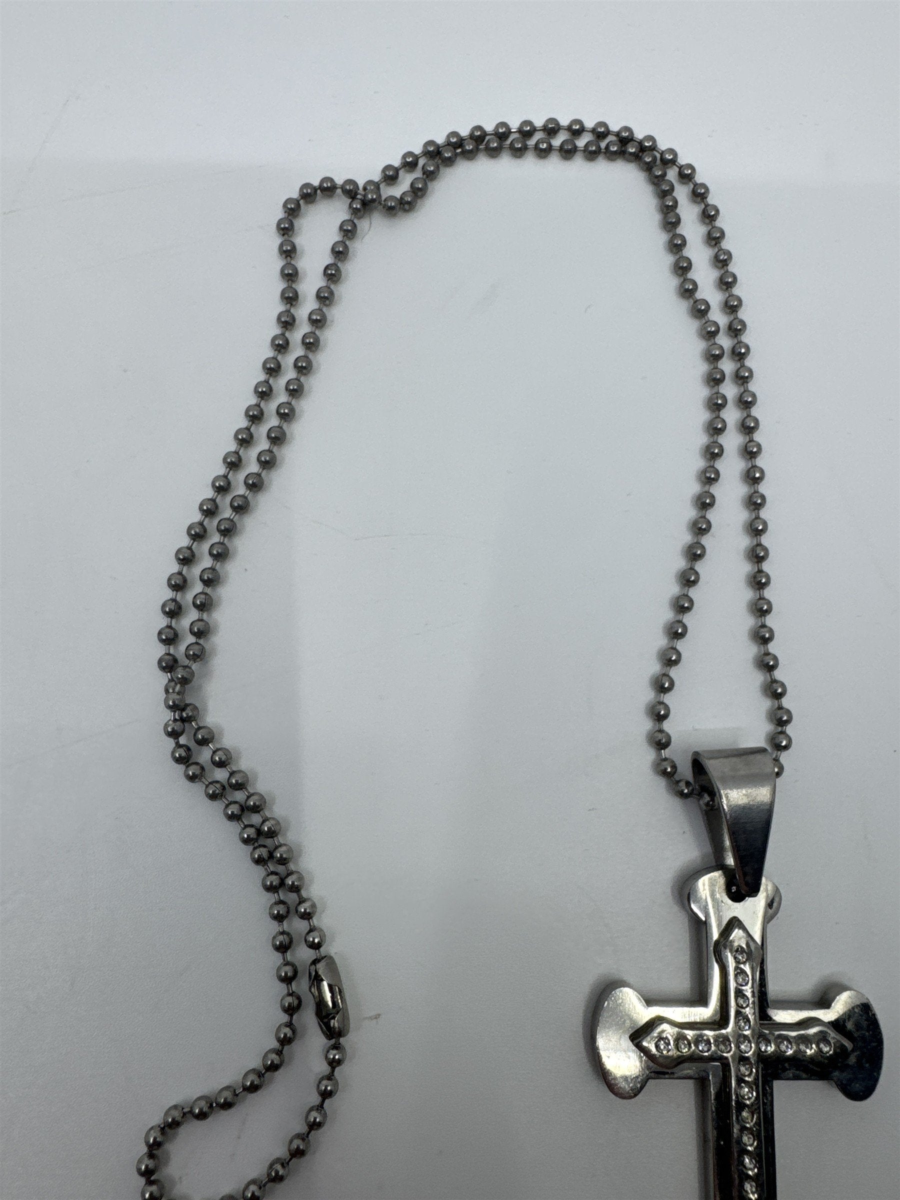 Unisex Silver Clear Rhinestone Cross Necklace W/ Ball Chain Religious Necklace