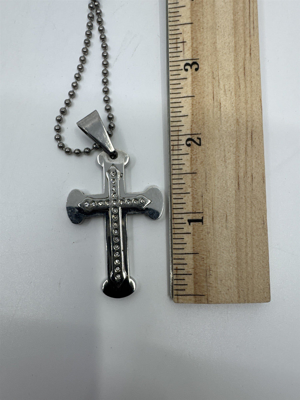 Unisex Silver Clear Rhinestone Cross Necklace W/ Ball Chain Religious Necklace