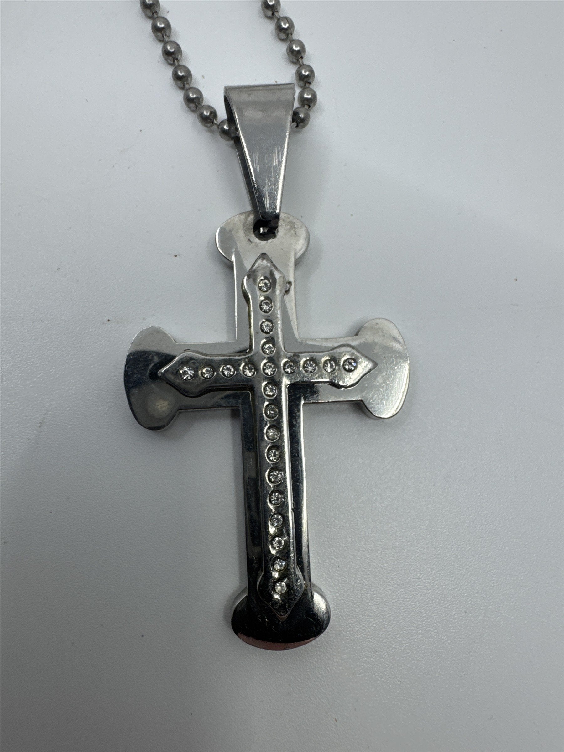 Unisex Silver Clear Rhinestone Cross Necklace W/ Ball Chain Religious Necklace