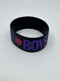 I Love Boys Thick Black Bracelet With Purple Letters and Red Heart