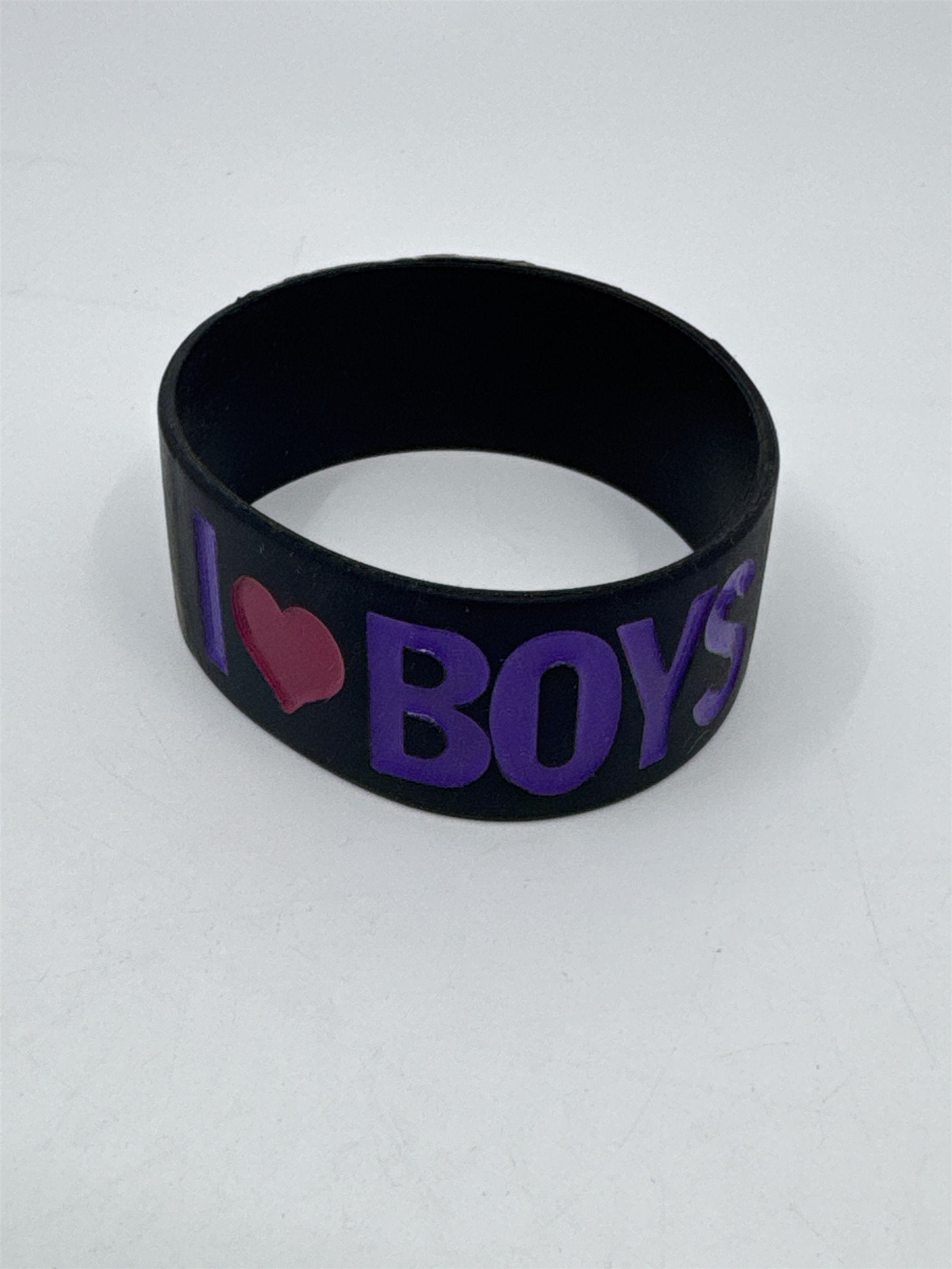 I Love Boys Thick Black Bracelet With Purple Letters and Red Heart