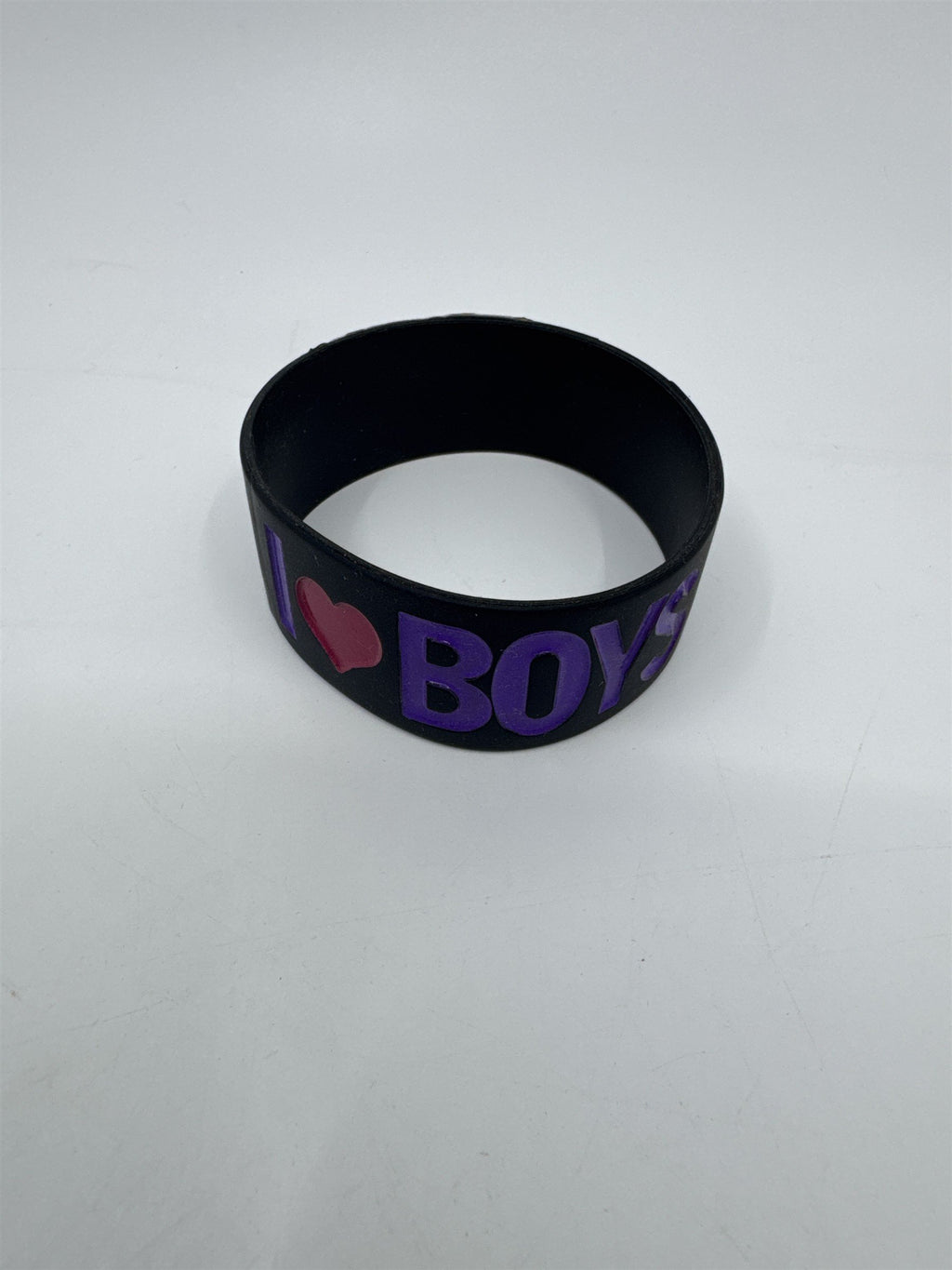 I Love Boys Thick Black Bracelet With Purple Letters and Red Heart