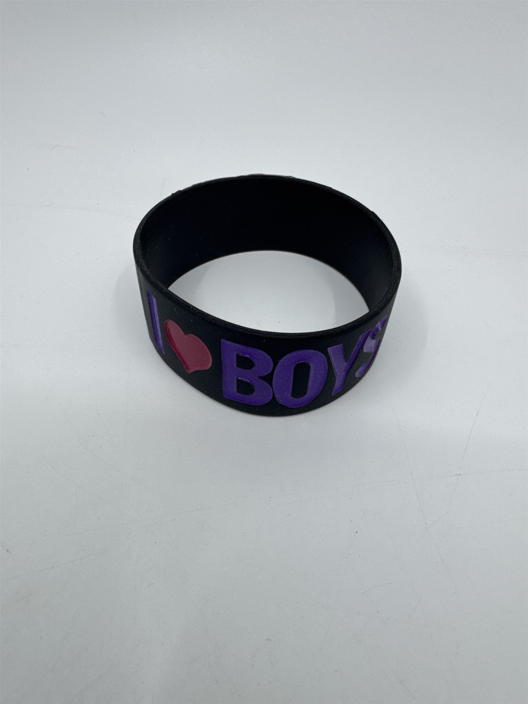 I Love Boys Thick Black Bracelet With Purple Letters and Red Heart