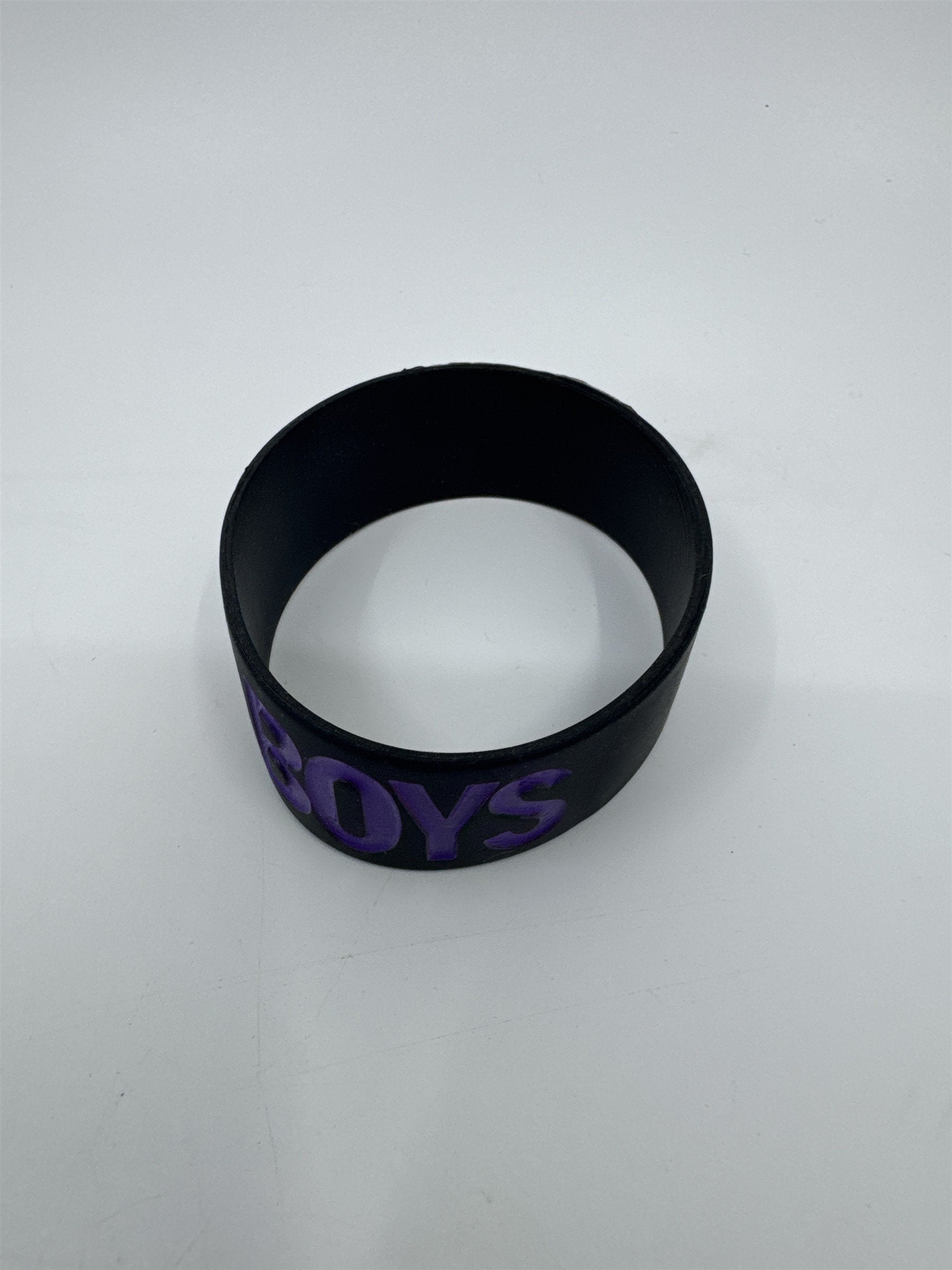 I Love Boys Thick Black Bracelet With Purple Letters and Red Heart