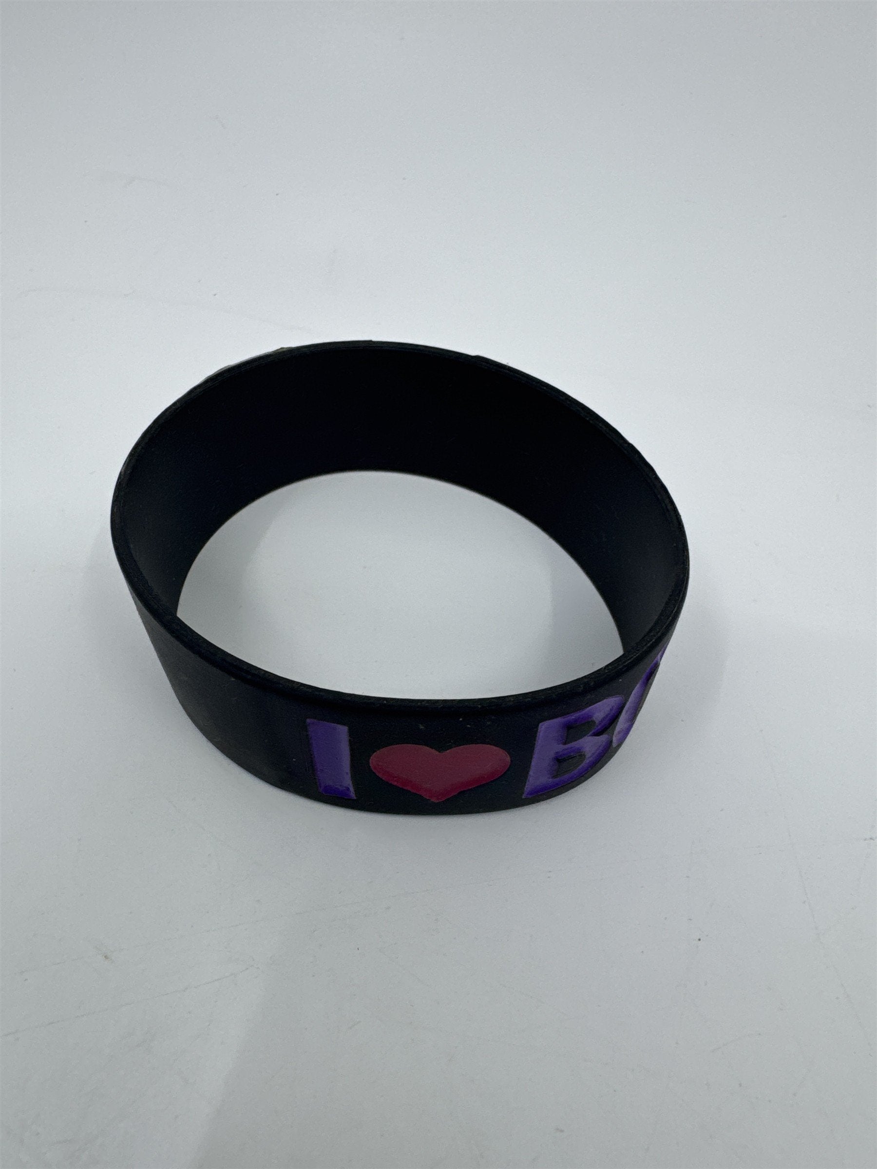 I Love Boys Thick Black Bracelet With Purple Letters and Red Heart