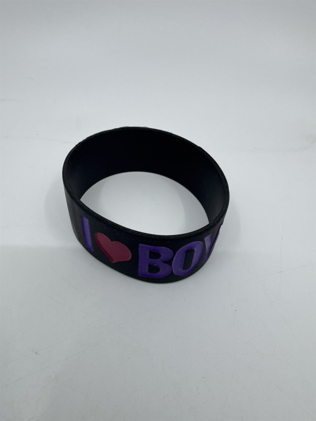 I Love Boys Thick Black Bracelet With Purple Letters and Red Heart