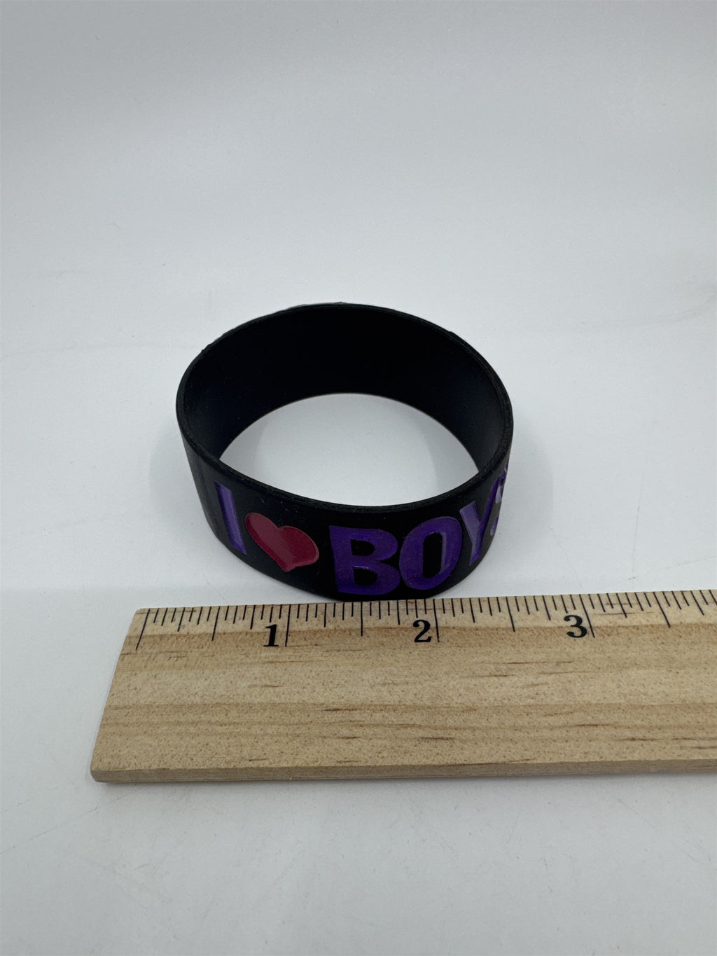 I Love Boys Thick Black Bracelet With Purple Letters and Red Heart