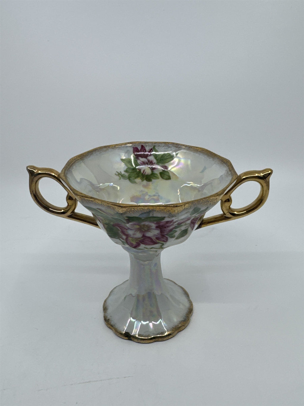 Vintage Japanese Double Handle Pedestal Floral Cup W/ Gold Trim Compote Cup