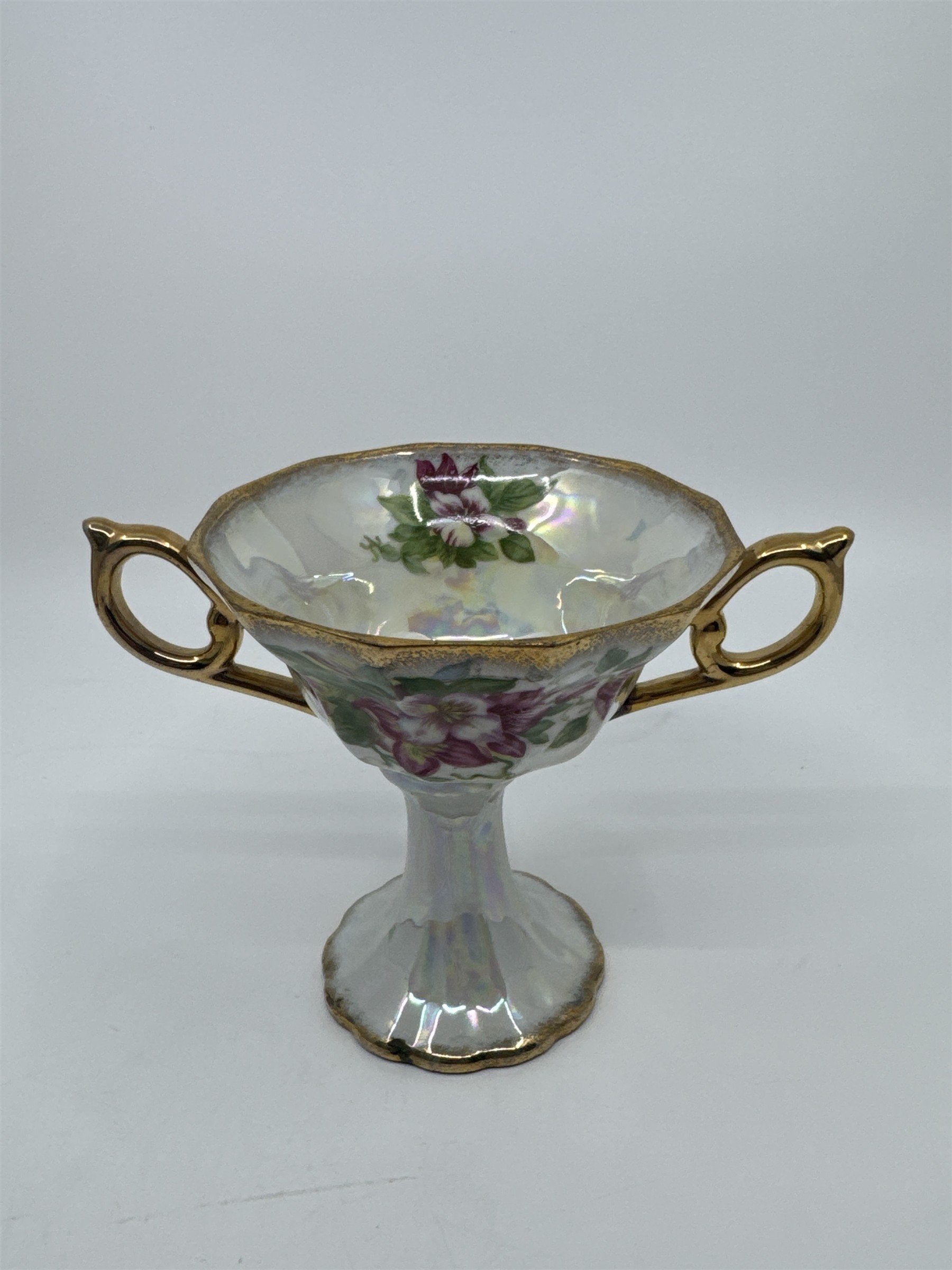 Vintage Japanese Double Handle Pedestal Floral Cup W/ Gold Trim Compote Cup