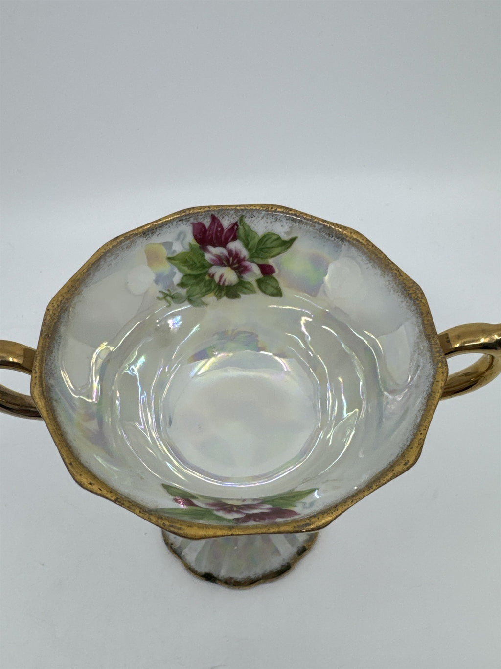 Vintage Japanese Double Handle Pedestal Floral Cup W/ Gold Trim Compote Cup