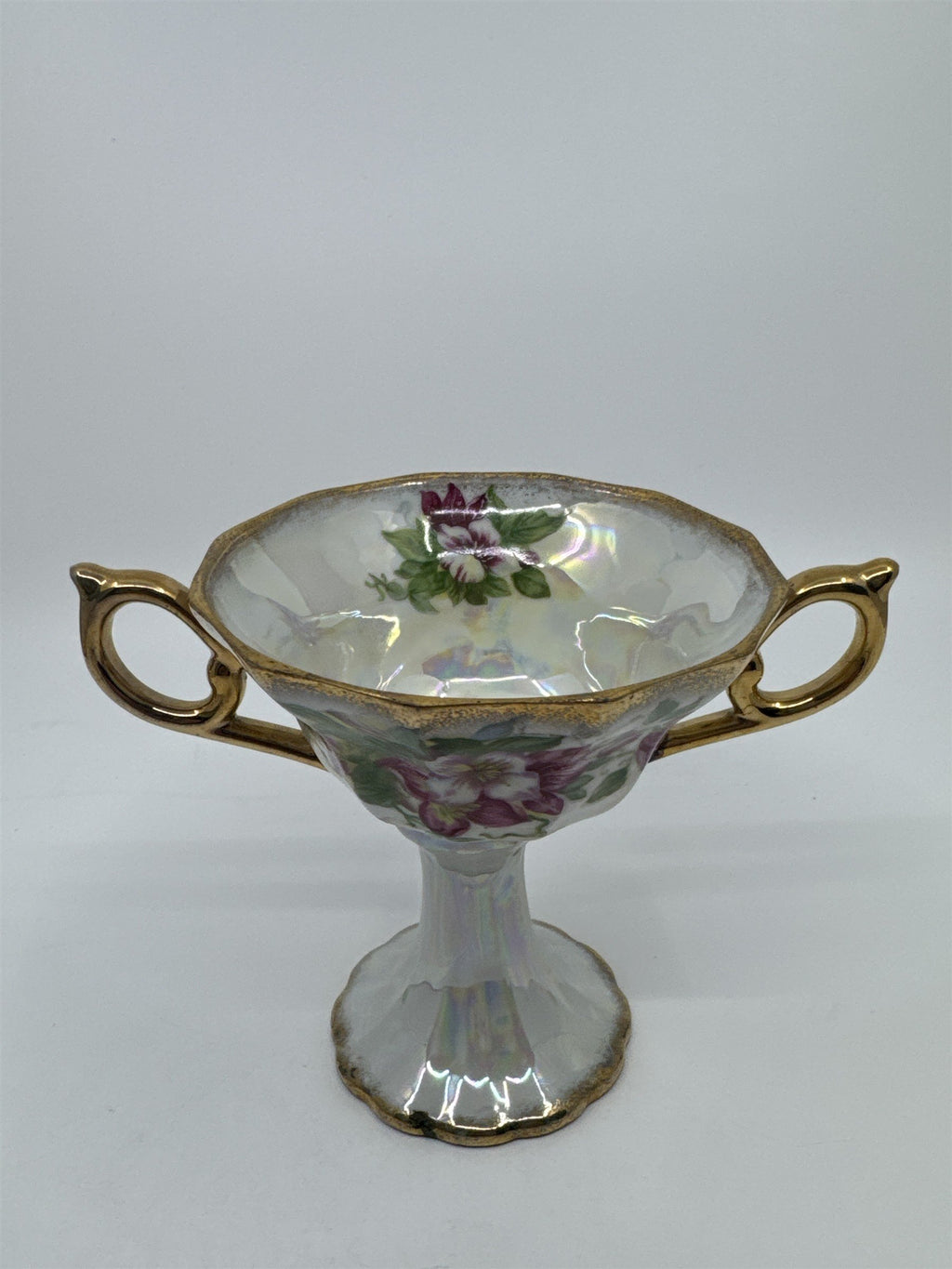 Vintage Japanese Double Handle Pedestal Floral Cup W/ Gold Trim Compote Cup