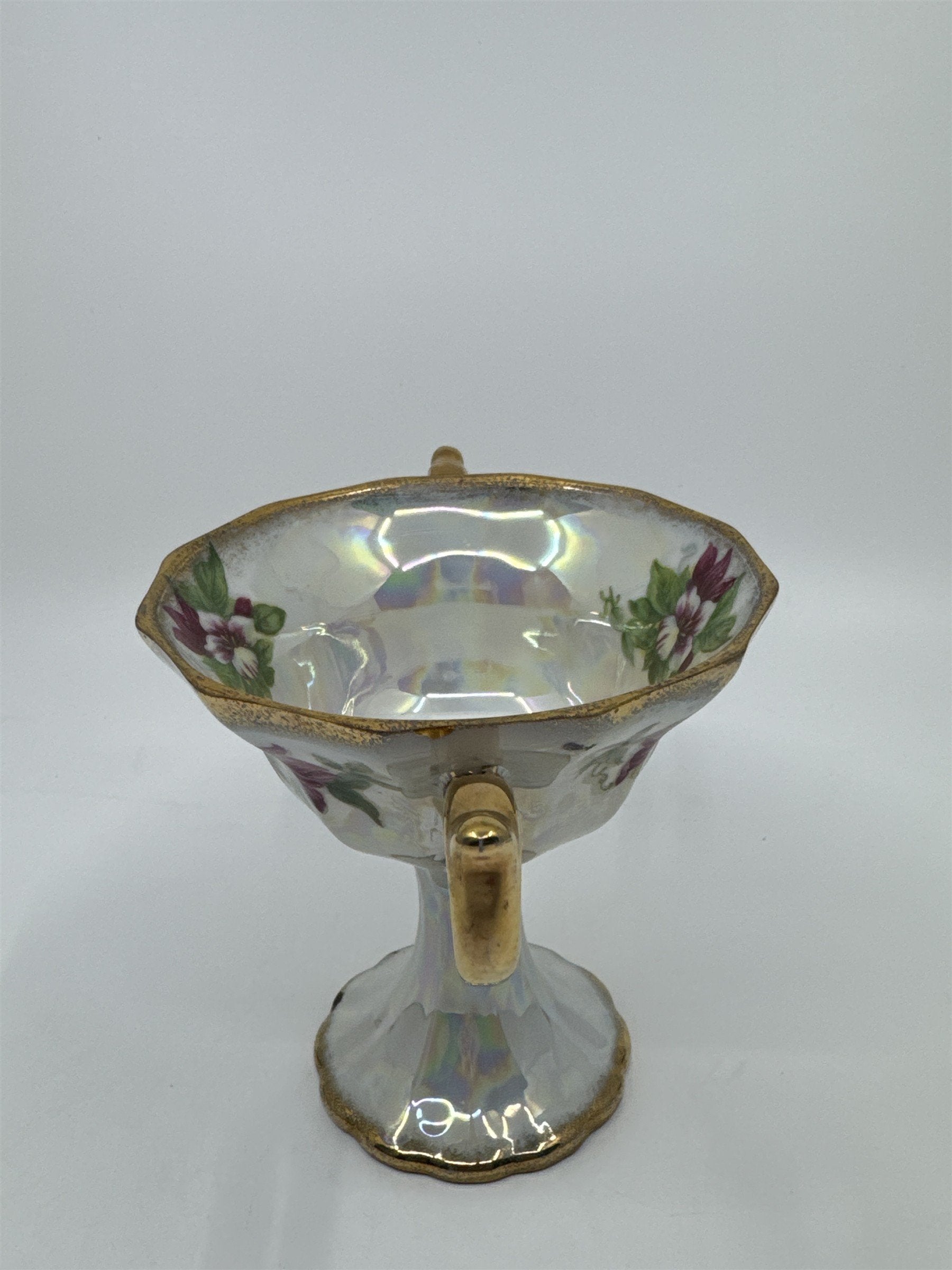 Vintage Japanese Double Handle Pedestal Floral Cup W/ Gold Trim Compote Cup