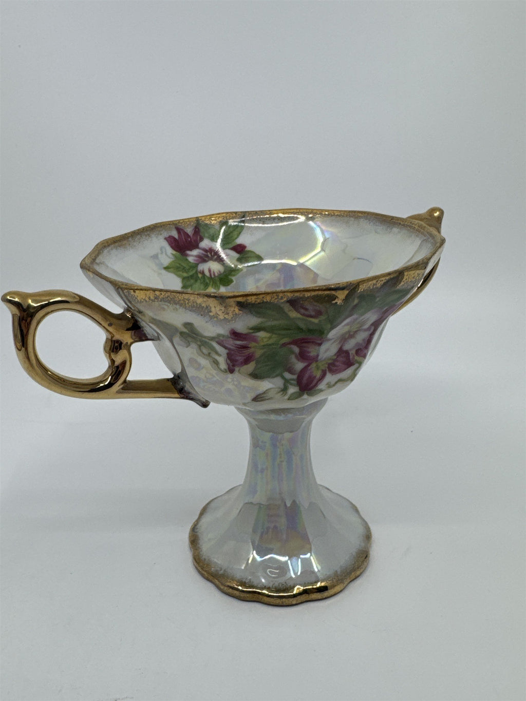 Vintage Japanese Double Handle Pedestal Floral Cup W/ Gold Trim Compote Cup
