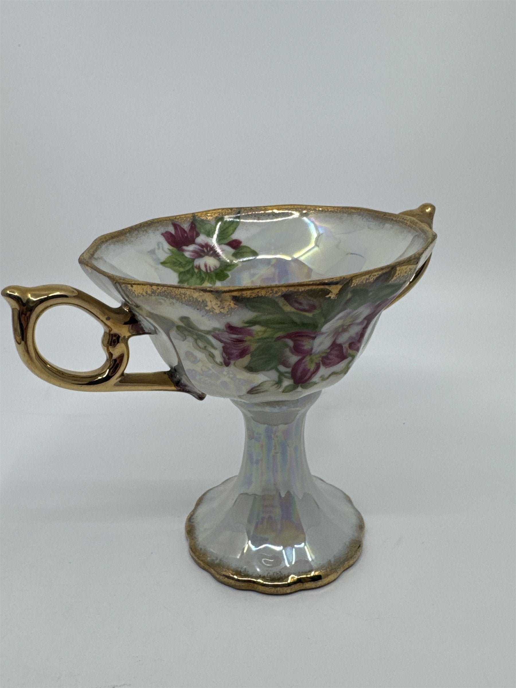 Vintage Japanese Double Handle Pedestal Floral Cup W/ Gold Trim Compote Cup