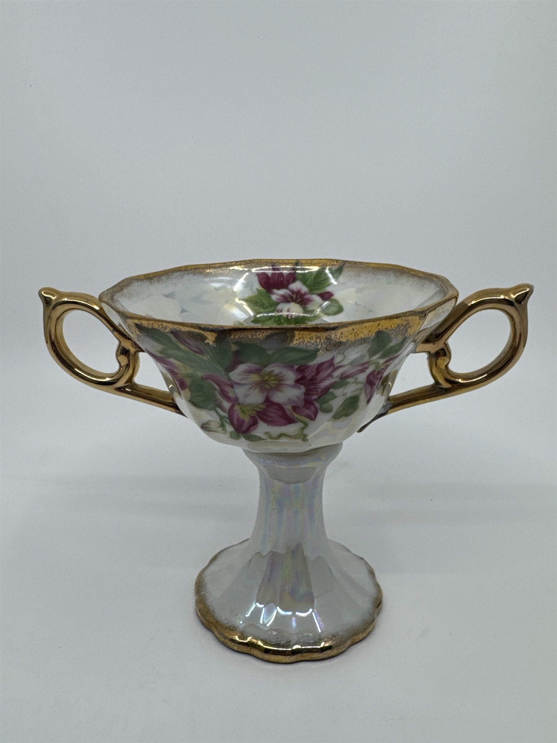 Vintage Japanese Double Handle Pedestal Floral Cup W/ Gold Trim Compote Cup