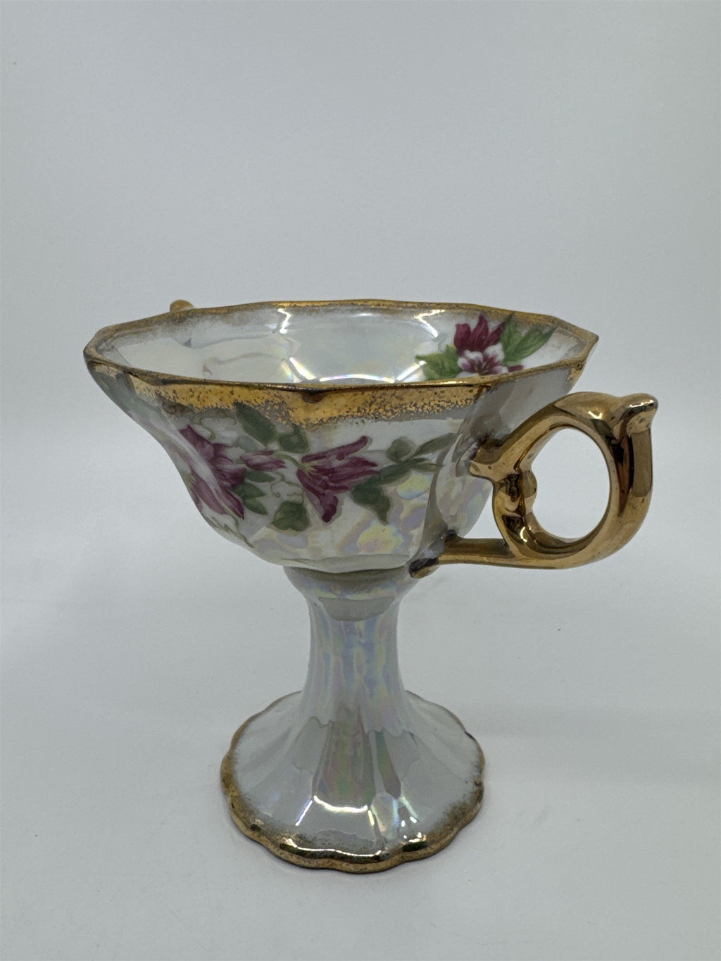 Vintage Japanese Double Handle Pedestal Floral Cup W/ Gold Trim Compote Cup
