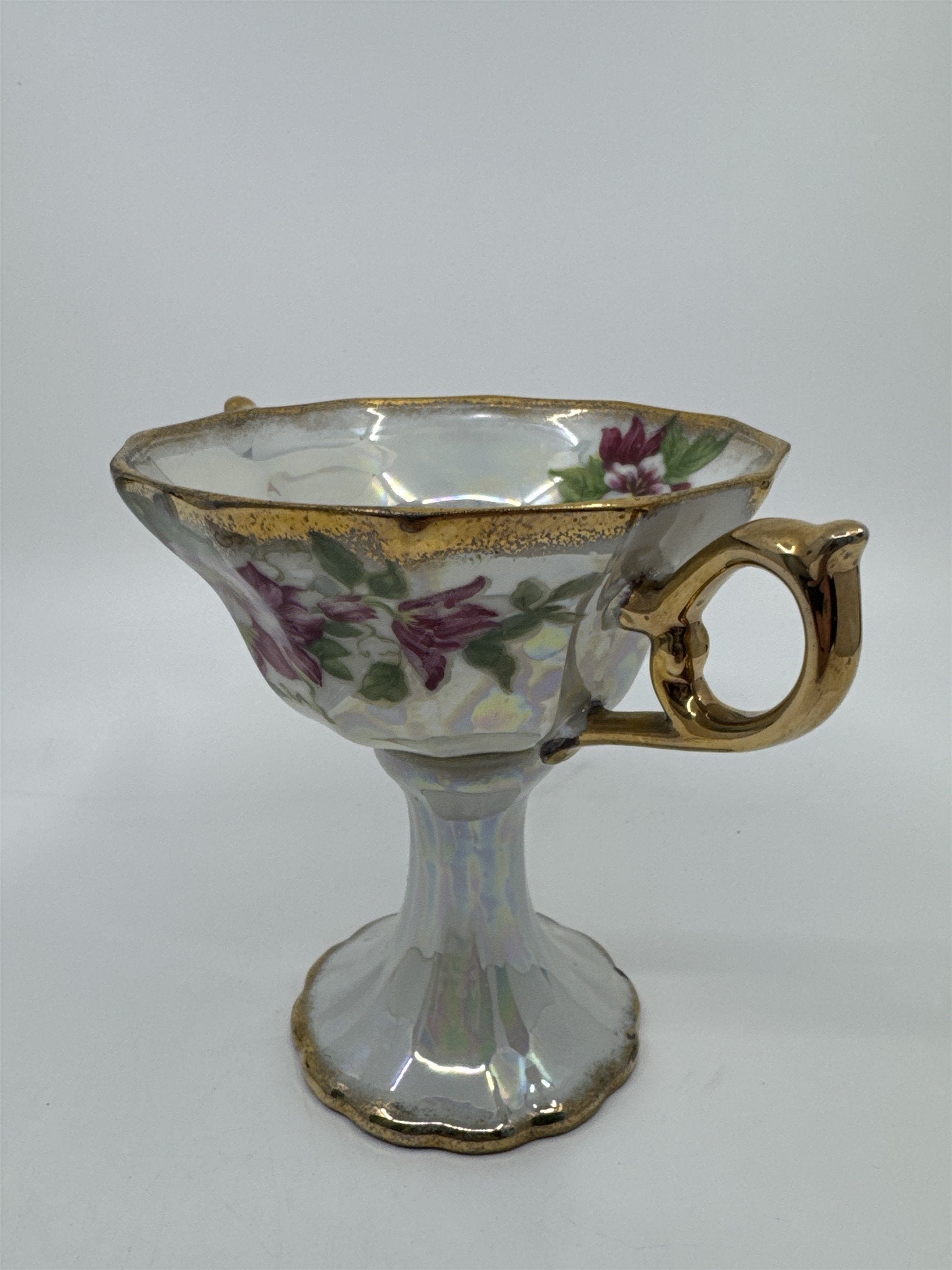 Vintage Japanese Double Handle Pedestal Floral Cup W/ Gold Trim Compote Cup