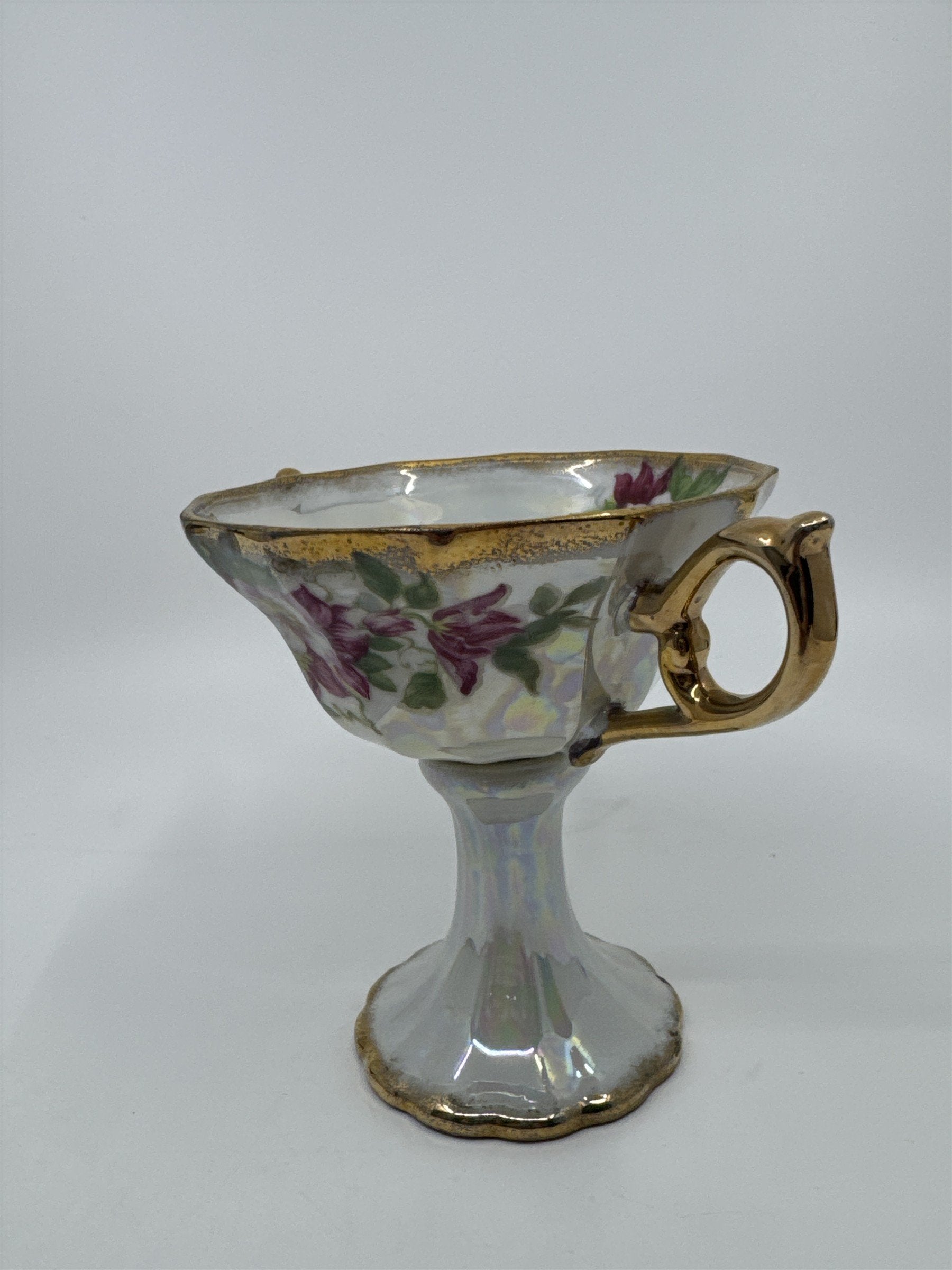 Vintage Japanese Double Handle Pedestal Floral Cup W/ Gold Trim Compote Cup