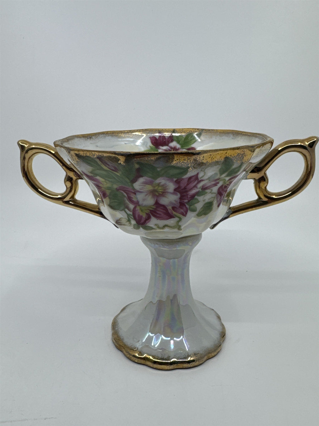 Vintage Japanese Double Handle Pedestal Floral Cup W/ Gold Trim Compote Cup