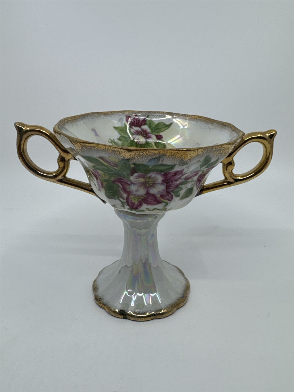 Vintage Japanese Double Handle Pedestal Floral Cup W/ Gold Trim Compote Cup