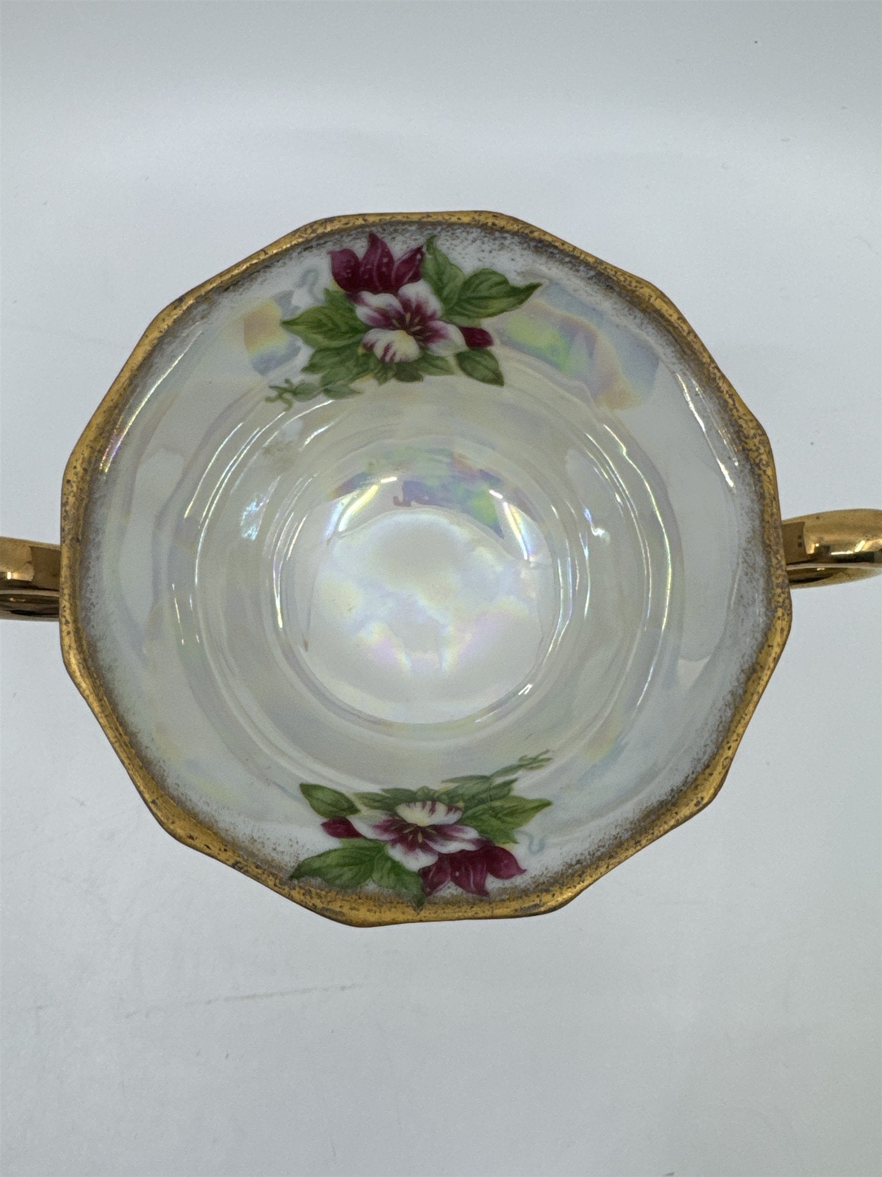 Vintage Japanese Double Handle Pedestal Floral Cup W/ Gold Trim Compote Cup