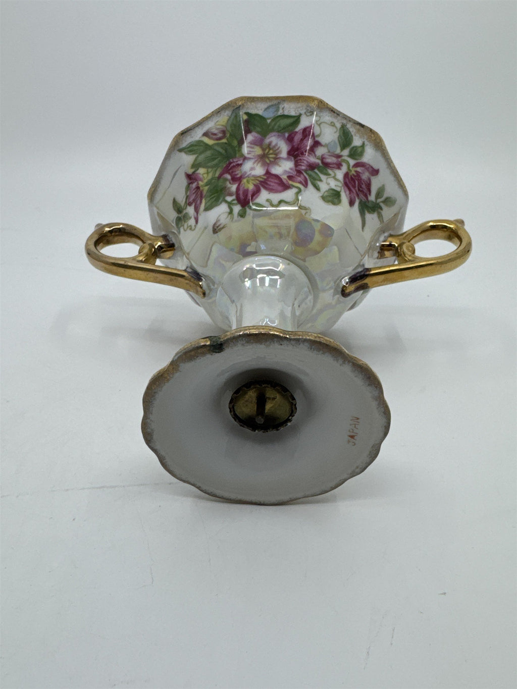 Vintage Japanese Double Handle Pedestal Floral Cup W/ Gold Trim Compote Cup