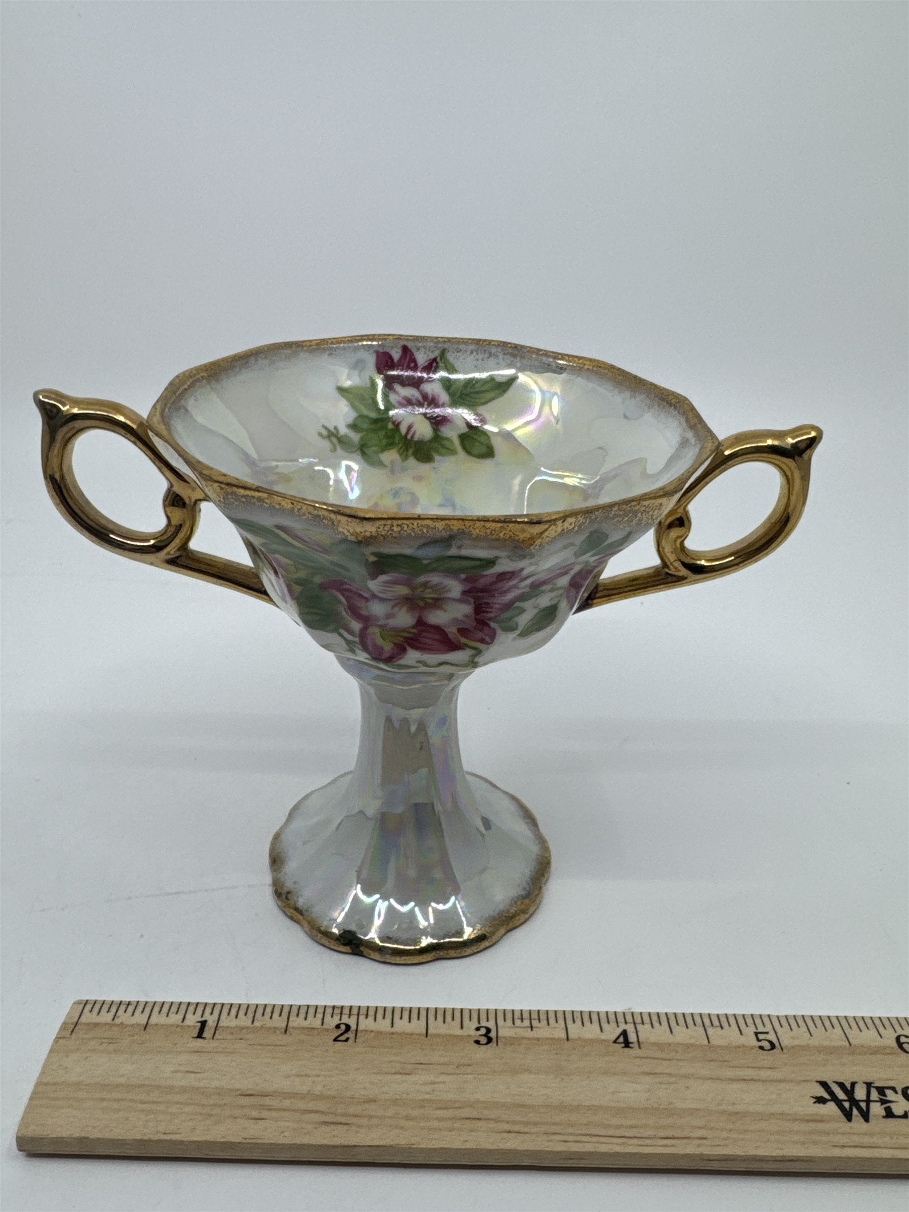 Vintage Japanese Double Handle Pedestal Floral Cup W/ Gold Trim Compote Cup