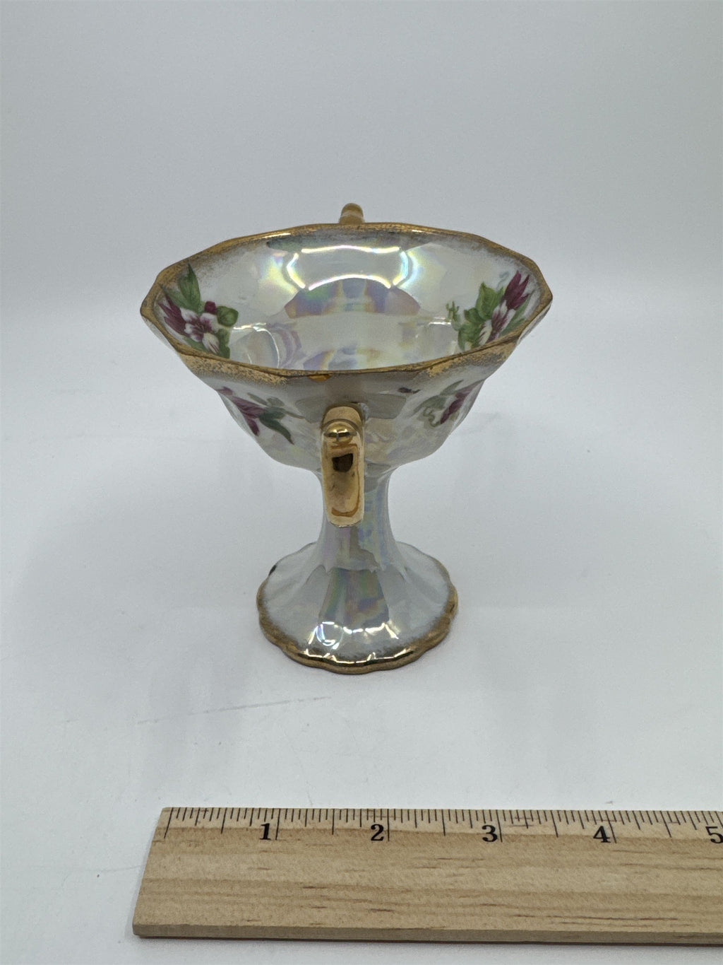 Vintage Japanese Double Handle Pedestal Floral Cup W/ Gold Trim Compote Cup