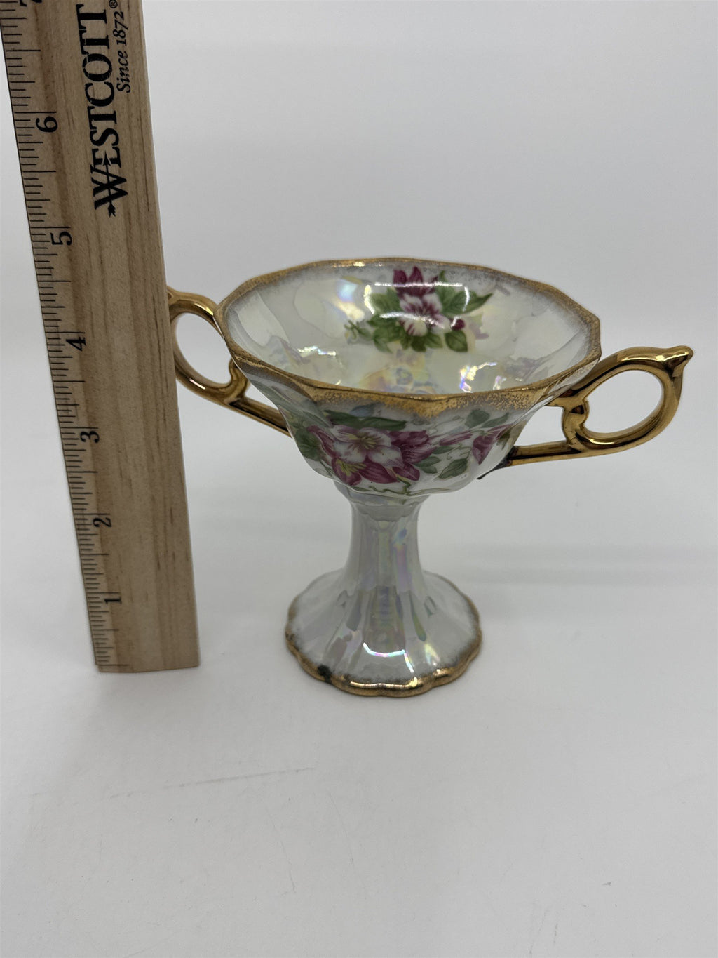 Vintage Japanese Double Handle Pedestal Floral Cup W/ Gold Trim Compote Cup