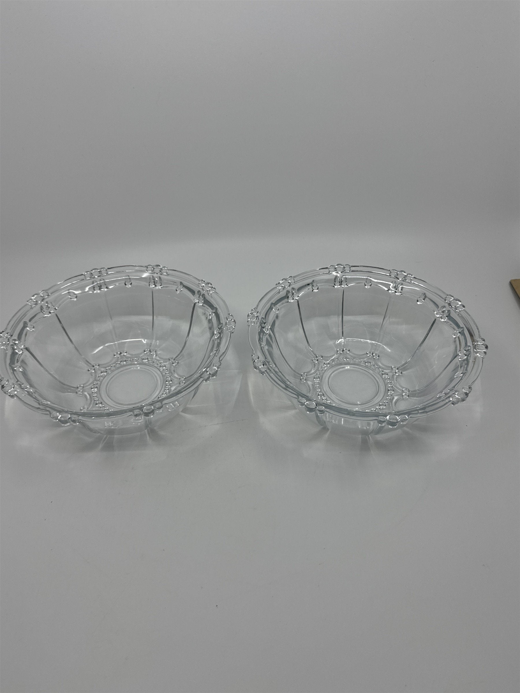 Set of Two Vintage KIG Indonesia Glass Serving Bowls Beaded Round Clear Glass
