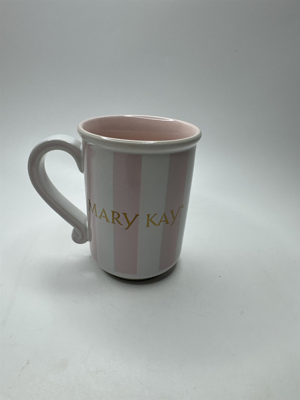 Vintage Mary Kay Cosmetics Mug Pink & White Stripes /w Gold Emblem Logo Coffee