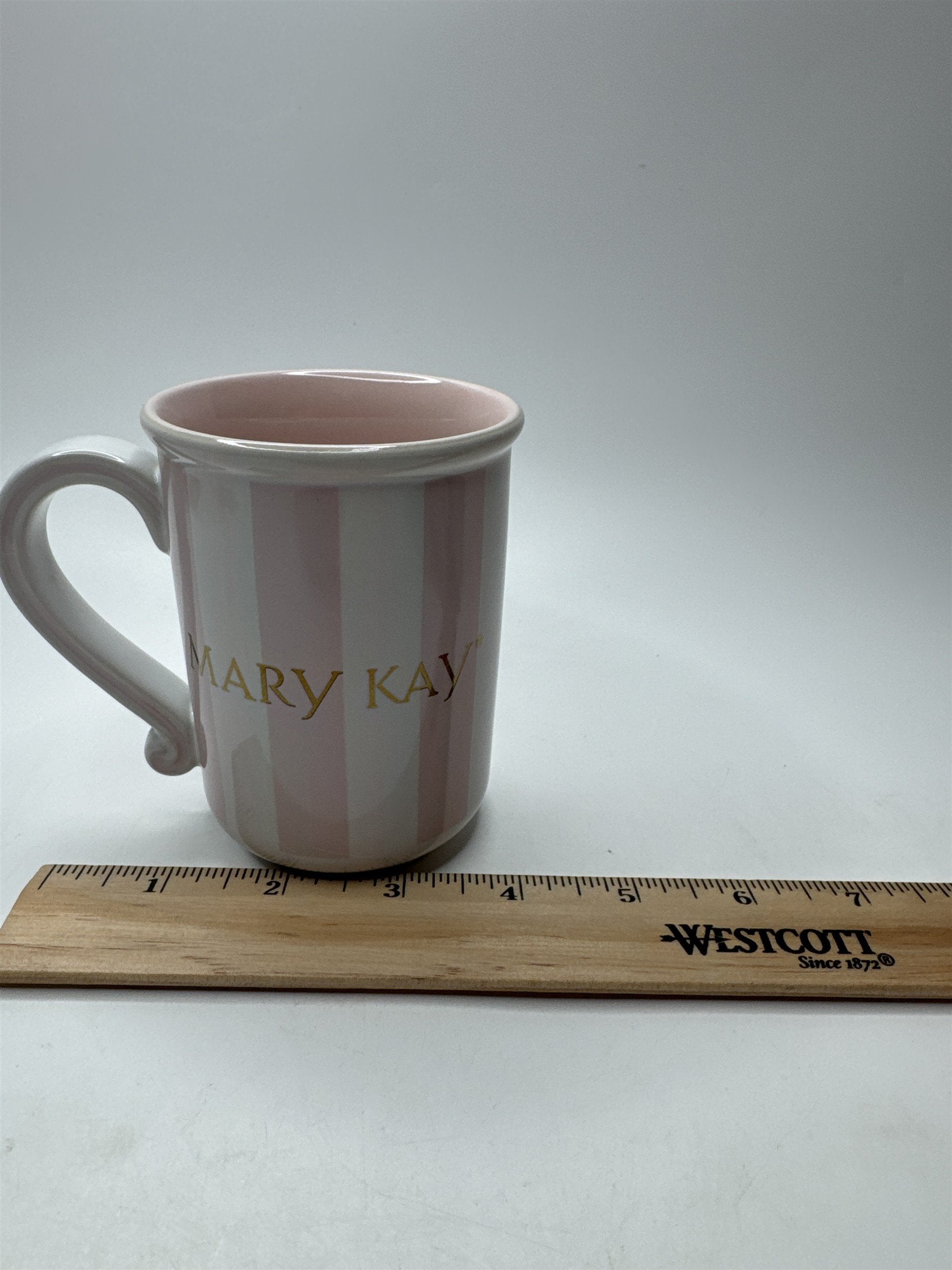 Vintage Mary Kay Cosmetics Mug Pink & White Stripes /w Gold Emblem Logo Coffee