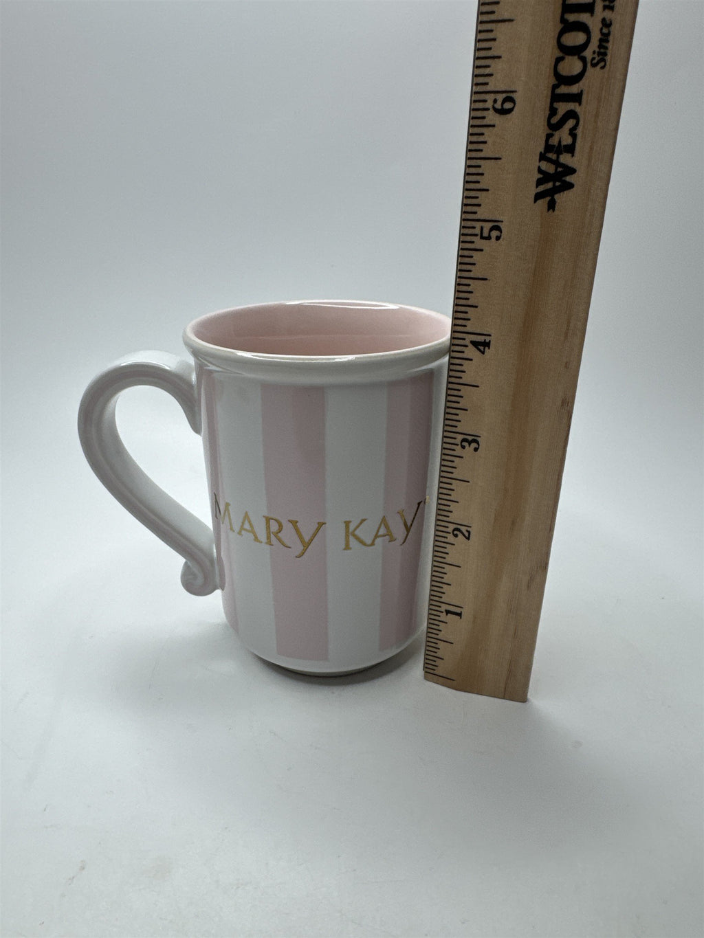 Vintage Mary Kay Cosmetics Mug Pink & White Stripes /w Gold Emblem Logo Coffee