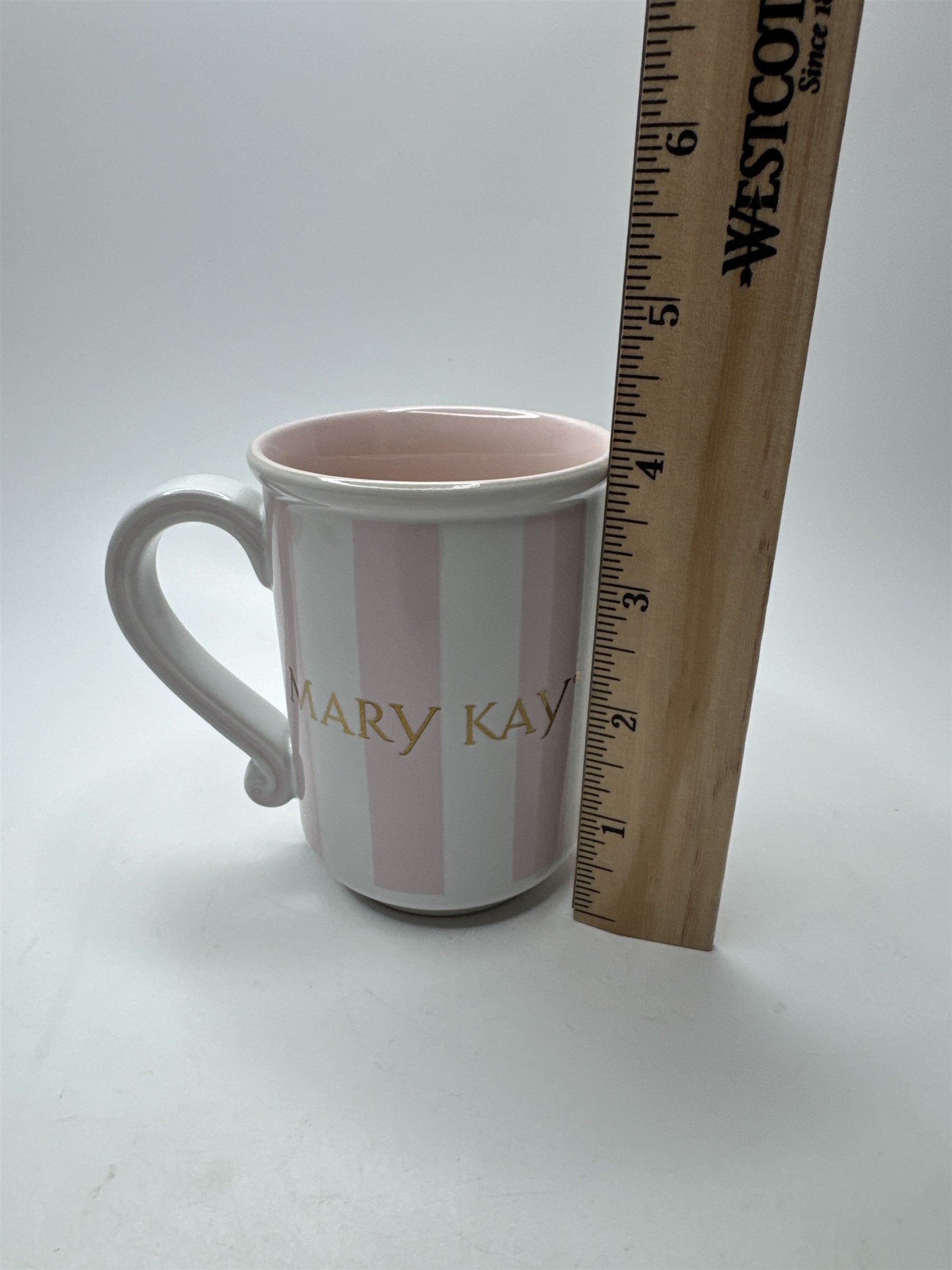 Vintage Mary Kay Cosmetics Mug Pink & White Stripes /w Gold Emblem Logo Coffee