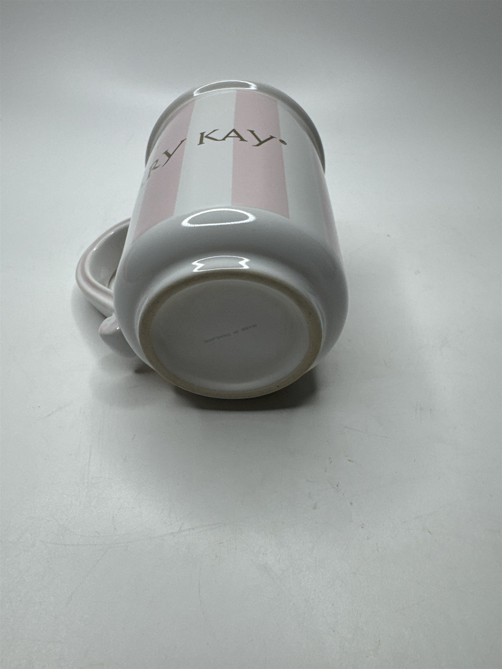 Vintage Mary Kay Cosmetics Mug Pink & White Stripes /w Gold Emblem Logo Coffee