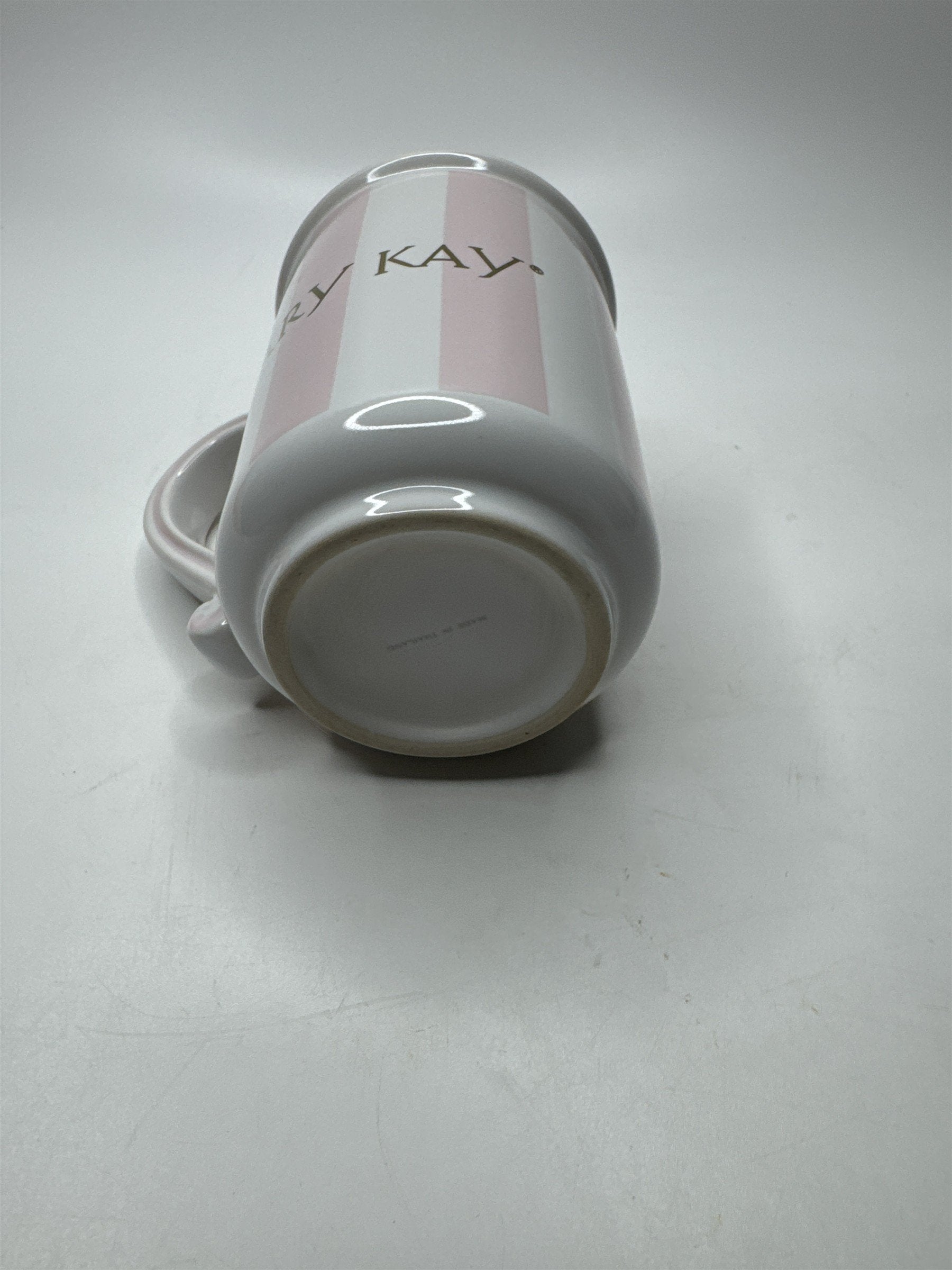 Vintage Mary Kay Cosmetics Mug Pink & White Stripes /w Gold Emblem Logo Coffee