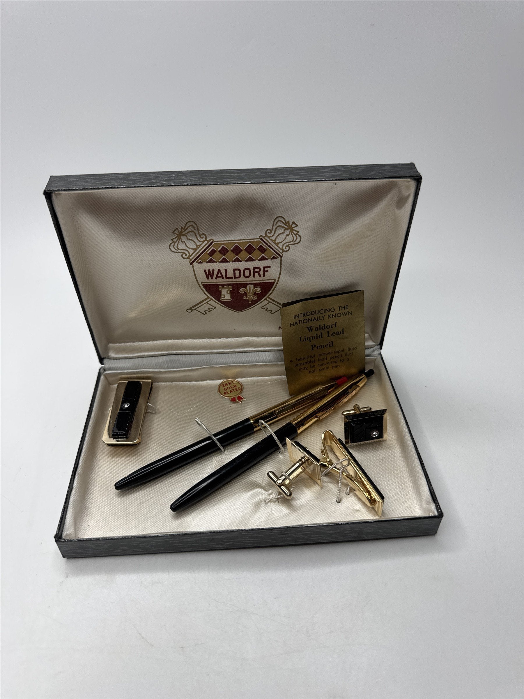 Vintage Waldorf 24kt Plated Liquid Lead Pencil, Money Clip, Tie Bar+Cufflink Set
