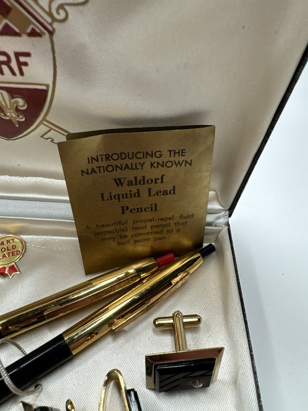 Vintage Waldorf 24kt Plated Liquid Lead Pencil, Money Clip, Tie Bar+Cufflink Set