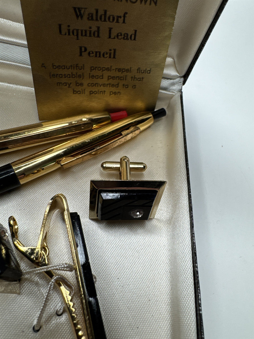 Vintage Waldorf 24kt Plated Liquid Lead Pencil, Money Clip, Tie Bar+Cufflink Set